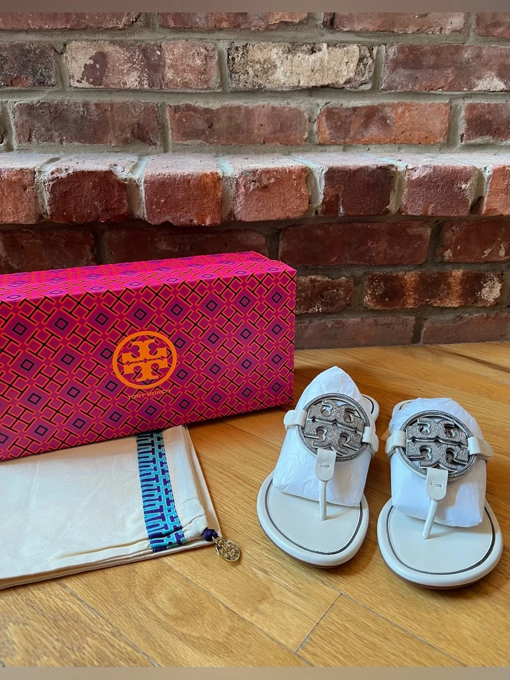 Tory Burch Ivory & Silver Metal Crystal Embellished Miller Sandals